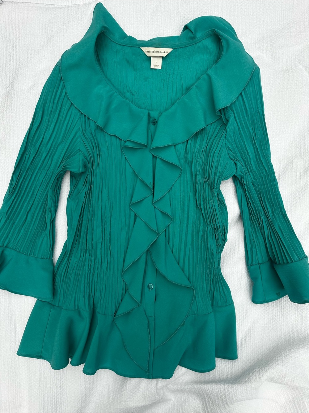 Christopher & Banks Teal Ruffle-Front Pleated Blouse
